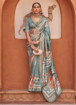 Light Sea Green Silk Floral Printed Contemporary Saree