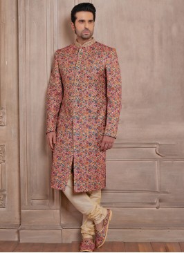 Multi Colour Floral Silk Sherwani Set
