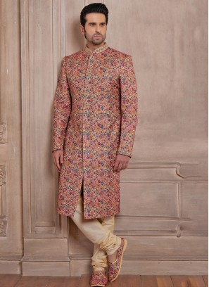 Multi Colour Floral Silk Sherwani Set