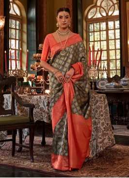 Ravishing Coral Red And Black Saree