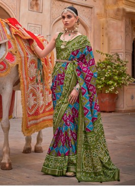 Mehendi Green Patola Printed Contemporary Silk Saree