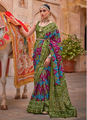 Mehendi Green Patola Printed Contemporary Silk Saree