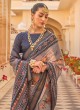 Grey and Navy Blue Chiffon Silk Printed Saree