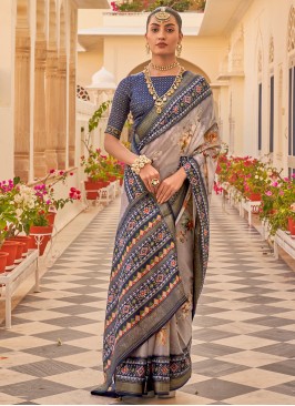 Grey and Navy Blue Chiffon Silk Printed Saree