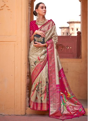Cream & Deep Pink Woven Designer Silk Saree