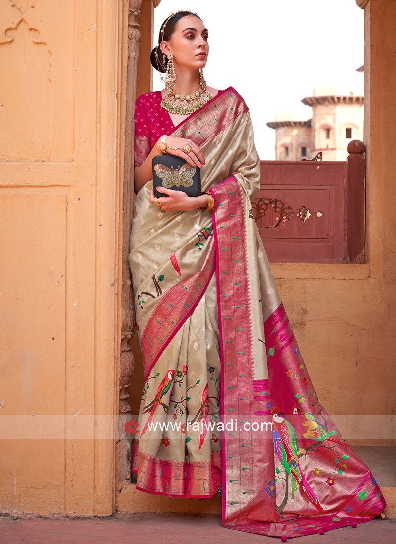 Cream with Pink Floral Pattern Handwoven Tussar Silk Saree with Zari B –  Looms Legacy