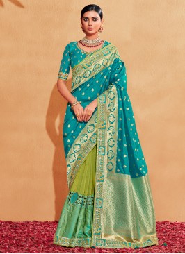 Turquoise And Green Classic Silk saree