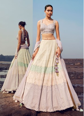 Designer Pista Green Chiffon Embroidered Lehenga Choli