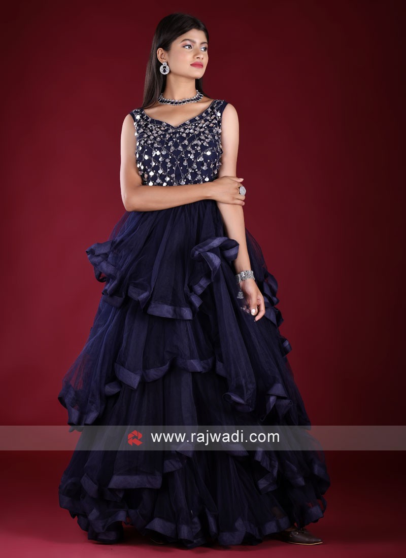Multi Layered Designer Gown In Navy Blue Color