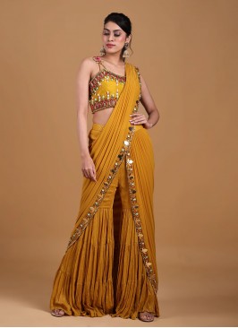 Mustar Yellow Sharara Style Designer Saree