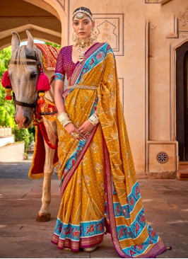 Mustard Silk Patola Print Contemporary Saree