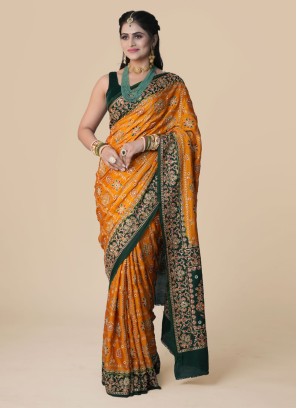 Mustard Yellow and Green Gajji Silk Gahrchola Saree