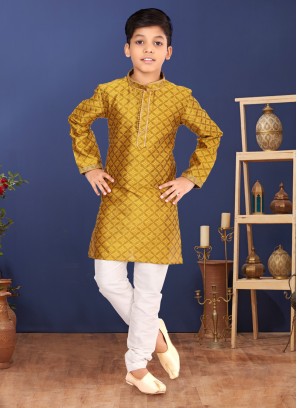 Mustard Yellow And Off White Printed Kurta Pajama