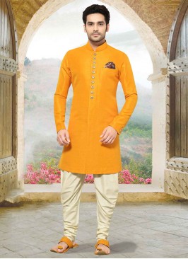 Mustard Yellow Color Indowestern In Raw Silk