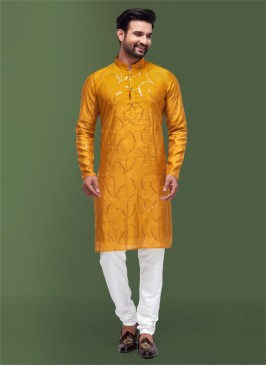 Mustard Yellow Designer Kurta With Embroidered Work