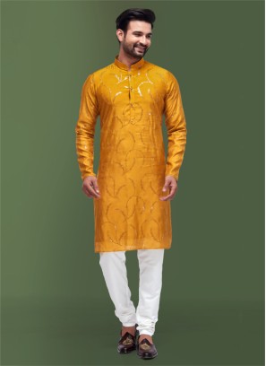 Mustard Yellow Designer Kurta With Embroidered Work