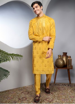 Mustard Yellow Embroidered Kurta Pajama