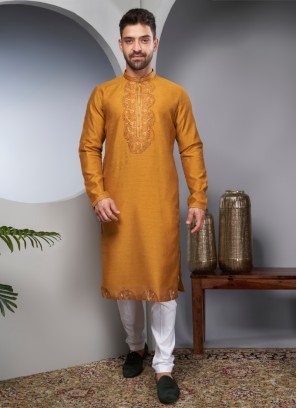 Mustard Yellow Embroidered Mens Kurta Pajama