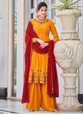 Mustard Yellow Georgette Embroidered Palazzo Suit