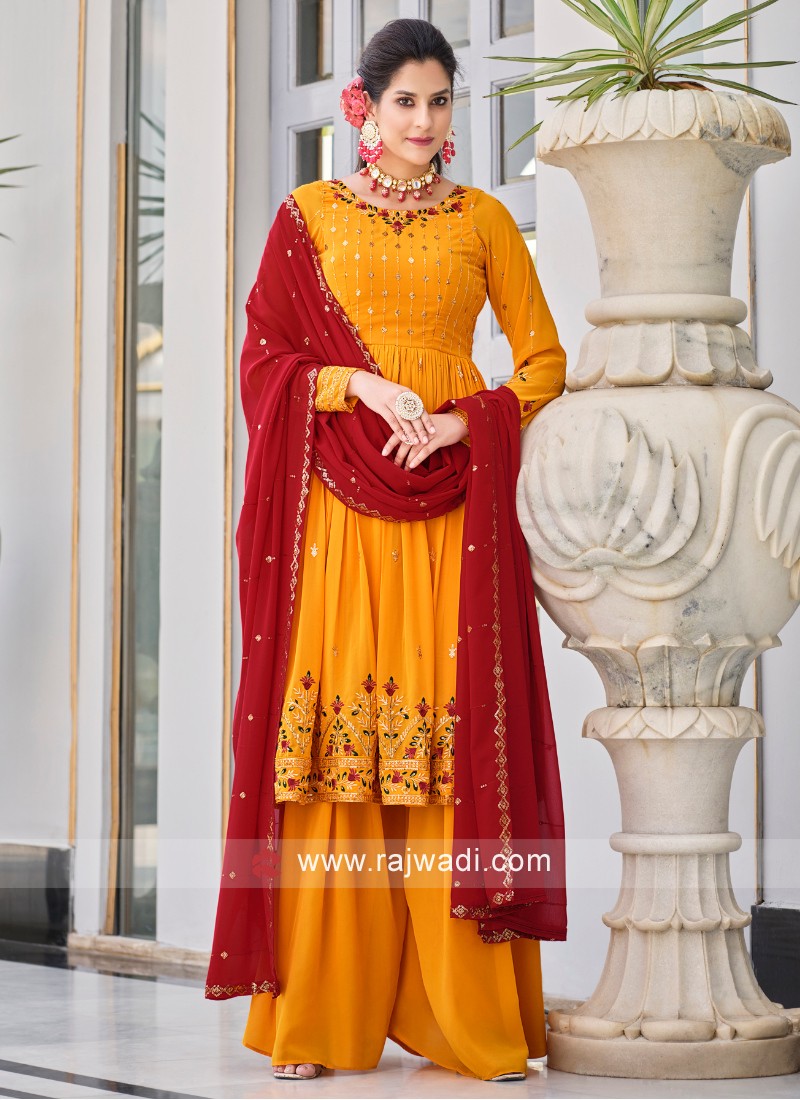 YELLOW WITH RED - PARTY WEAR GOWN WITH NECK EMBROIDERY & DUPATTA