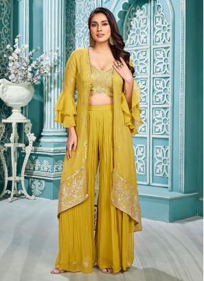 Mustard Yellow Georgette Palazzo Set With Flared Jacket
