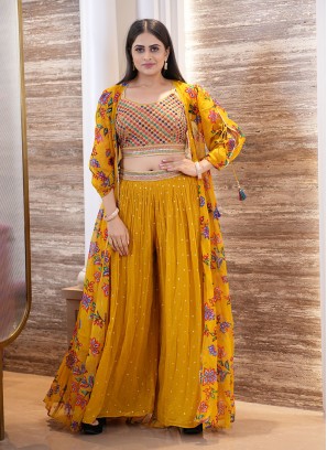 Mustard Yellow Georgette Palazzo Set With Long Jacket