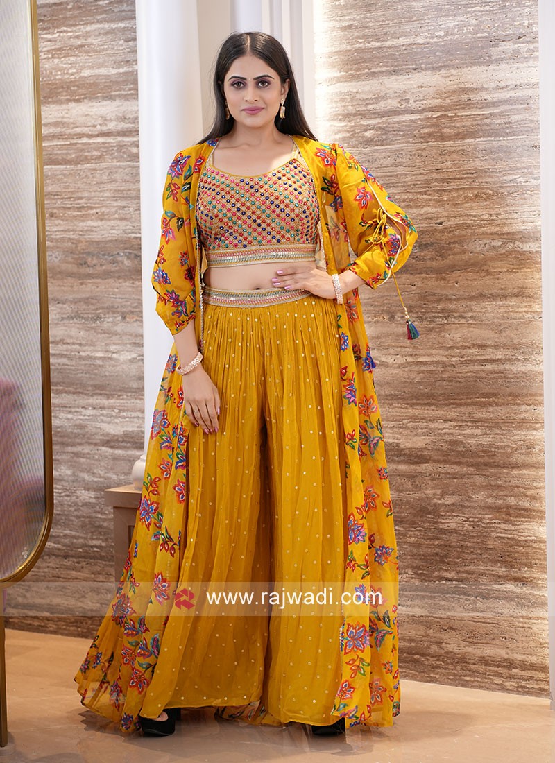 Mustard Yellow Georgette Palazzo Set With Long Jacket