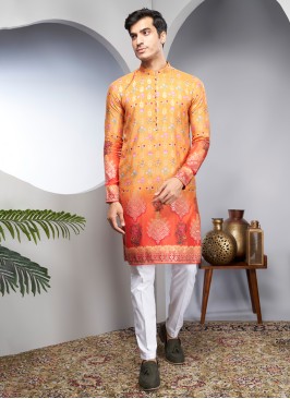 Mustard Yellow Kurta Set In Cotton Silk With Floral Print Design