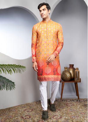 Mustard Yellow Kurta Set In Cotton Silk With Floral Print Design