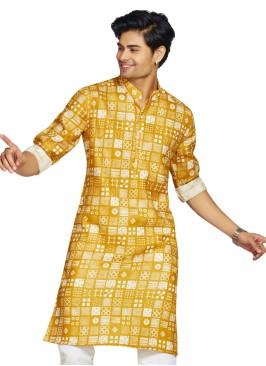 Mustard Yellow Mens Printed Kurta