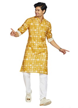 Mustard Yellow Mens Printed Kurta Pajama Set