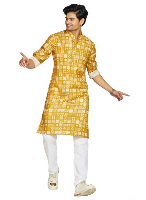 Mustard Yellow Mens Printed Kurta Pajama Set