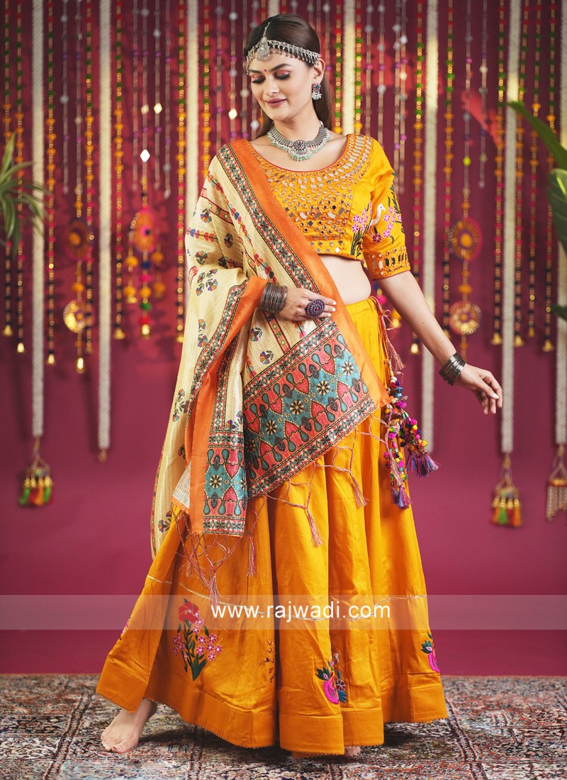 Yellow Cotton Printed Lehenga Choli Set With Pink Dupatta Set