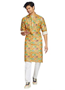 Mustard Yellow Readymade Cotton Printed Kurta Pajama