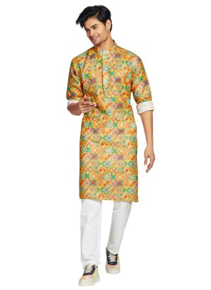 Mustard Yellow Readymade Cotton Printed Kurta Pajama