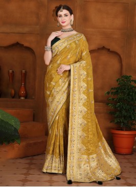 Mustard Yellow Woven Festive Banarasi Silk Saree