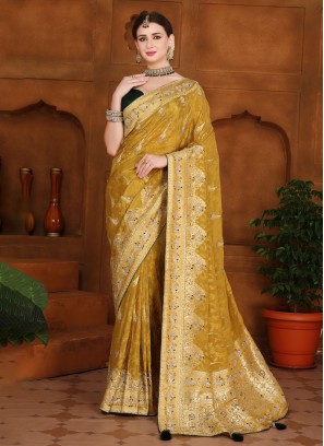 Mustard Yellow Woven Festive Banarasi Silk Saree
