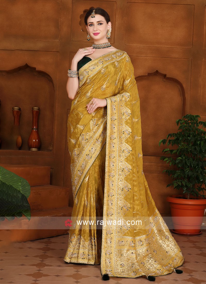 Golden Yellow Kanjivaram Pattu Silk Saree with Embossed Real Swarovski |  TST | The Silk Trend