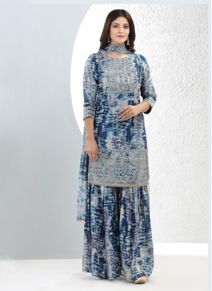 Mystic Blue Colored Art Silk Gharara Style Salwar Kameez