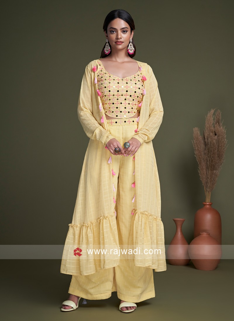 Yellow Embroidered Georgette Palazzo Set with Flared Jacket