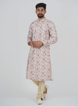 Natural Cream Floral Work Kurta Pajama