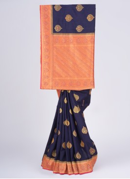 Navy Blue And Gajari Pink Designer Banarasi Silk Saree