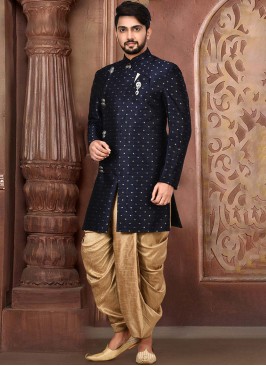 Navy Blue And Golden Dhoti Style Indowestern Set