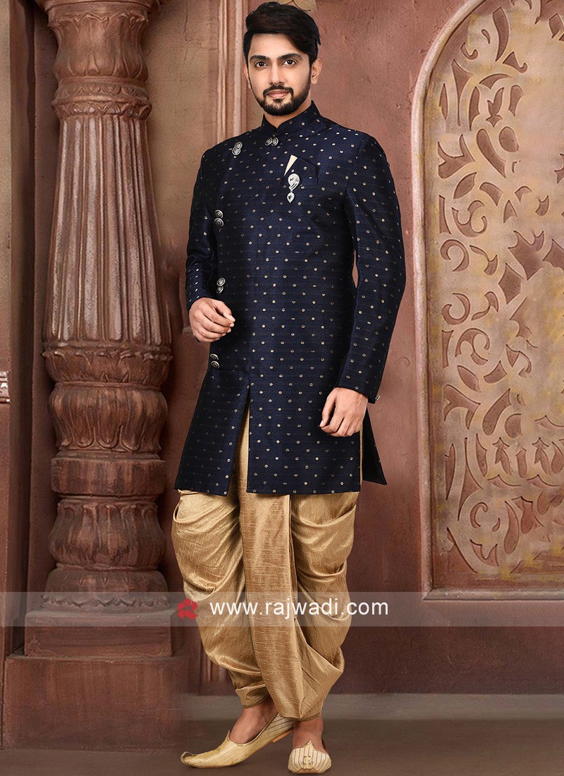 Embroidered Jacquard Jodhpuri Suit in Blue – Mindhal