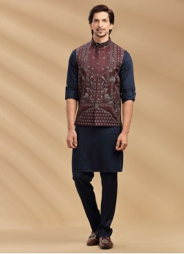 Navy Blue And Maroon Readymade Cotton Silk Nehru Jacket