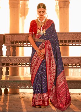 Ethnic Navy Blue And Red Patola Silk Saree