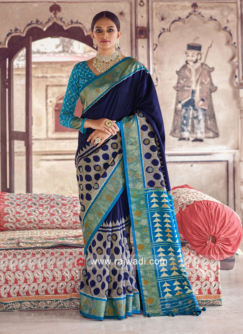 Navy Blue Satin Saree With Blouse 264251