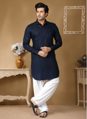 Navy Blue And White Mens Pathani Suit