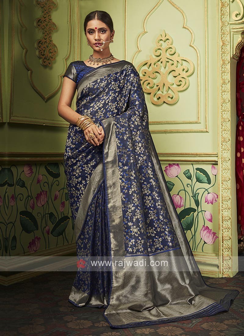 Royal Blue Lichi Silk Banarasi Saree With Silver Weaving – Shivansh Fab