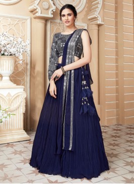 Navy Blue Chiffon Lehenga With Embroidered Choli